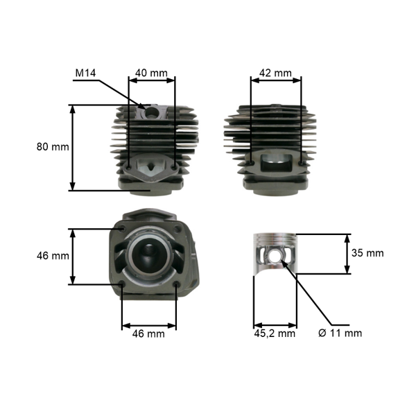 HS PARTS kompletný valec s piestom 45,2 mm pre Čínske motorové píly a píly z hobbymarketov 58 ccm