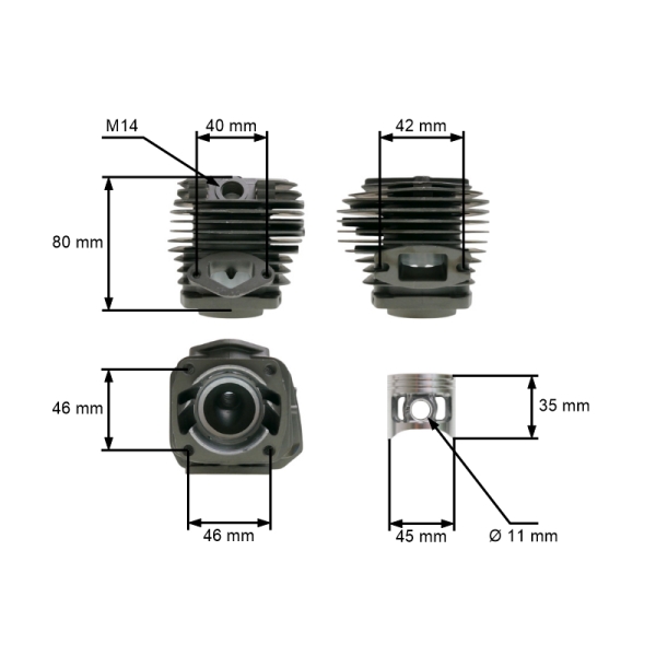HS PARTS kompletný valec s piestom 45 mm pre Čínske motorové píly a píly z hobbymarketov s obsahom motora 52 ccm