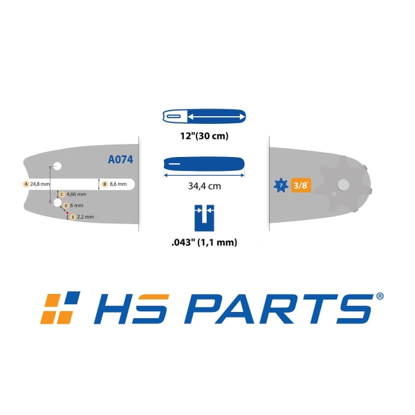 HS PARTS vodiaca lišta 12" (30 cm) 3/8" .043" (1,1 mm) + 4 x pílová reťaz 44 článkov hranatý zub pre Stihl MSE140 MS170 MS192 MS171 MS191T MSE141 MSA200C HT101 HT70 E140 023L