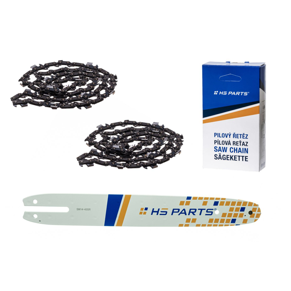 HS PARTS vodiaca lišta 14" (35 cm) 3/8" .043" (1,1 mm) + 2 x reťaz píly 50 článkov pre Stihl MSE140 017 018 MS170 MS180 019T HT70 HT101 MS190 E140 MS171 MSA200C