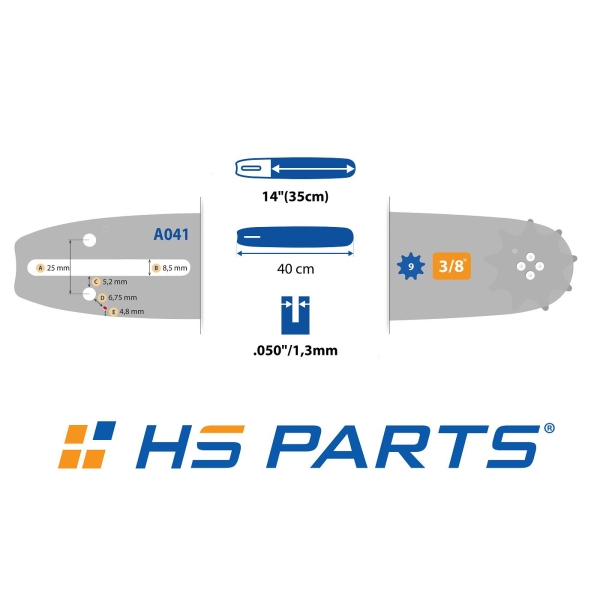 HS PARTS vodiaca lišta 14" (35 cm) 3/8" .050" (1,3 mm) + 2 x pílový reťaz 52 článkov hranatý zub pre Husqvarna 36 41 136 141 236 E317 T425 Partner 351 352 391 420 842
