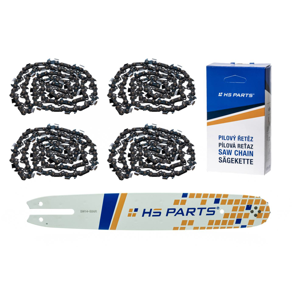 HS PARTS vodiaca lišta 14" (35 cm) 3/8" .050" (1,3 mm) + 4 x pílová reťaz 50 článkov hranatý zub pre Stihl 009 012 017 018 019 020 021 025 MS170 MS180 MS192 MS200 MS210 MS211 MS241 MS251