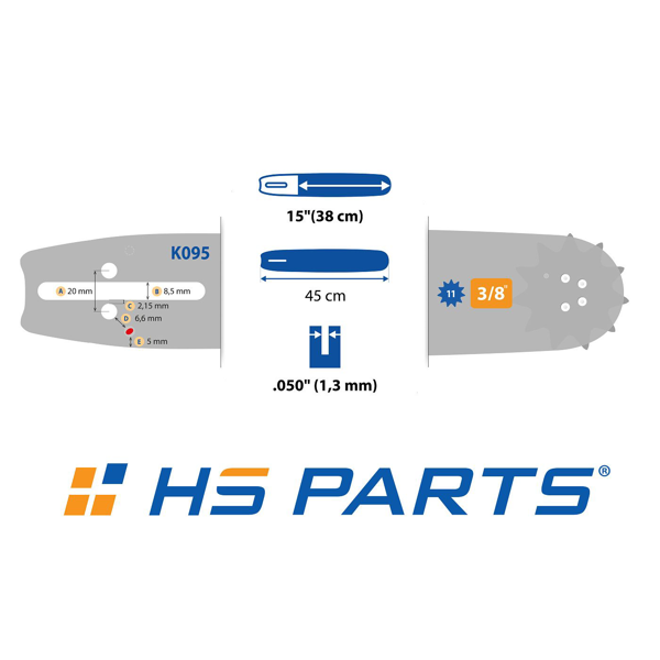 HS PARTS vodiaca lišta 15" (38 cm) 3/8" .050" (1,3 mm) + pílový reťaz 56 článkov hranatý zub pre Husqvarna 246 254 262 345 357 455 460 555 560 Jonsered 2054 CS2260 Dolmar 111 112 115 PS540 Solo 613 614 650 Oleomac 162 956 962