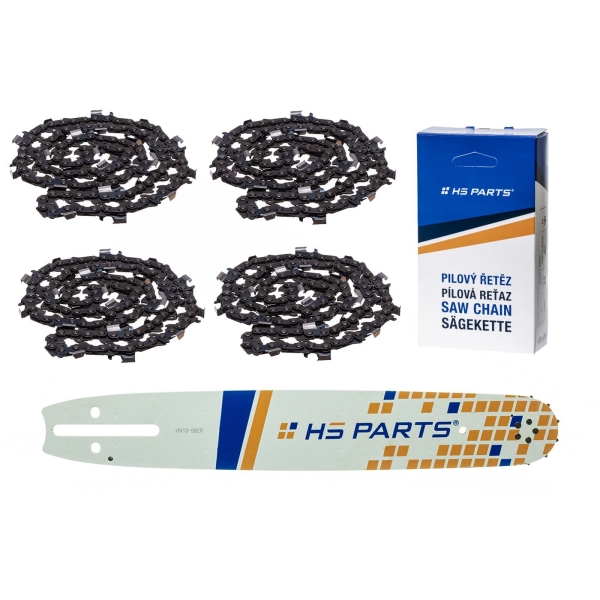 HS PARTS vodiaca lišta 15" (38 cm) 3/8" .058" (1,5 mm) + 4 x pílová reťaz 56 článkov hranatý zub pre Husqvarna 61 66 266 268 362 365 372 372 XTorq 281 288 298 385 394 395 480 562 570 575