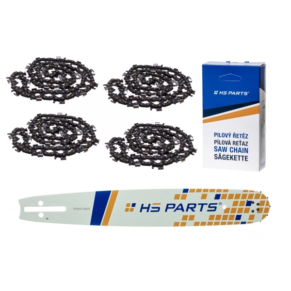 HS PARTS vodiaca lišta 15" (38 cm) 3/8" .058" (1,5 mm) + 4 x pílová reťaz na pozdĺžne rezanie 56 článku guľatý zub pre výrobu fošní a dosiek vhodné Husqvarna 51 55 154 254 257 357 359 455 560XP