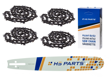 HS PARTS vodiaca lišta 15" (38 cm) 3/8" .058" (1,5 mm) + 4 x reťaz na pozdĺžne rezanie 56 článku pre Husqvarna 51 55 246 254 257  262 345 356 357 359 455 460 555 560 Jonsered 2054 CS2260 Dolmar 111 112 115 PS540 Solo 613 614 650