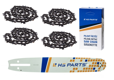 HS PARTS vodiaca lišta 15" (38 cm) 3/8" .058" (1,5 mm) + 4 x reťaz na pozdĺžne rezanie 56 článku pre Husqvarna 61 66 266 268 272 365 372XP 385 585 Solo 665 670 681 Jonsered 2077 2171 Dolmar PS6400 Shindaiwa 285 577 Makita DCS6400 DCS7301