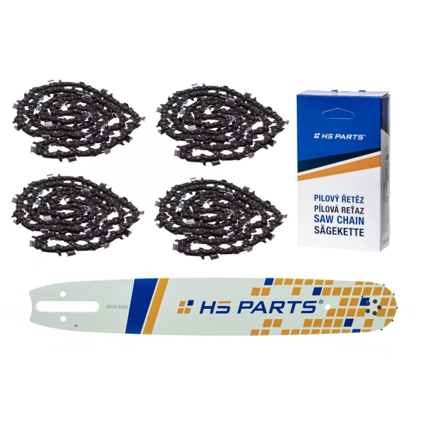HS PARTS vodiaca lišta 15" (38 cm) 3/8" .063" (1,6 mm) + 4 x pílová reťaz 56 článkov hranatý zub pre Stihl 036 038 044 066 MS290 MS310 MS390 MS440 MS441 MS460 MS640 MS650 MS660