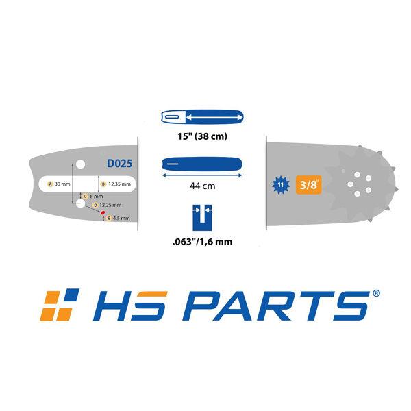 HS PARTS vodiaca lišta 15" (38 cm) + pílová reťaz 3/8" .063" (1,6 mm) 56 článkov hranatý zub + reťazovka pre Stihl 044 046 MS341 MS361 MS362 MS440 MS441 MS460 MS461