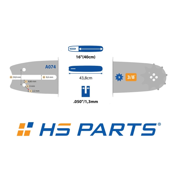 HS PARTS vodiaca lišta 16" (40 cm) 3/8" .050" (1,3 mm) + 2 x pílová reťaz 55 článkov hranatý zub