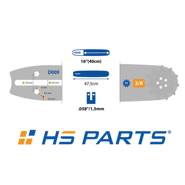 HS PARTS vodiaca lišta 16" (40 cm) 3/8" .058" (1,5 mm) + pílová reťaz na pozdĺžne rezanie 60 článkov guľatý zub pre výrobu fošní a dosiek vhodné Husqvarna 266 268 362 365 371 372XP 395 576XP