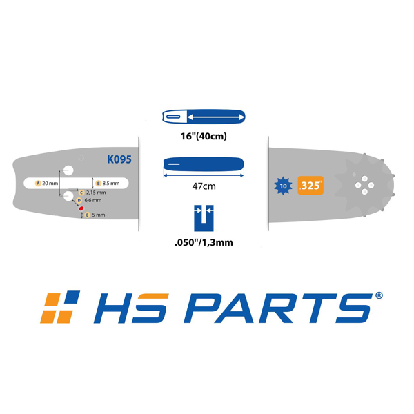 HS PARTS vodiaca lišta 16" (40 cm) .325" .050" (1,3 mm) + 4 x pílová reťaz 66 článkov hranatý zub pre Husqvarna 36 55 136 154 254 257 262 346 357 435 445 460 Jonsered 2054 2152 2155 CS2149W Dolmar 109 111 112 116 Solo 639 651