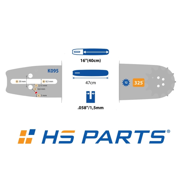 HS PARTS vodiaca lišta 16" (40 cm) .325" .058" (1,5 mm) + 4 x pílová reťaz 66 článkov hranatý zub pre Husqvarna 40 45 51 55 154 254 257 262 340 345 346 357 359 435 440 445 455 460 560 550 EL1400