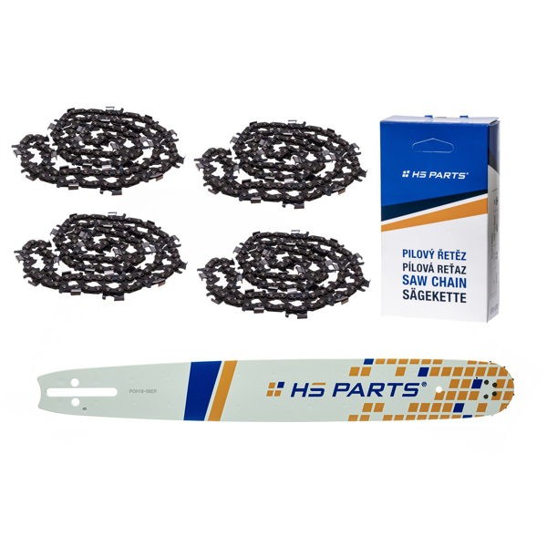 HS PARTS vodiaca lišta 18" (45 cm) 3/8" .058" (1,5 mm) + 4 x pílová reťaz na pozdĺžne rezanie 64 článku guľatý zub pre výrobu fošní a dosiek vhodné Husqvarna 51 55 346XP 353 357 359 455 460 560XP