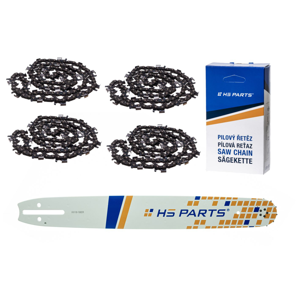 HS PARTS vodiaca lišta 18" (45 cm) 3/8" .058" (1,5 mm) + 4 x pílová reťaz na pozdĺžne rezanie 68 článku guľatý zub pre výrobu fošní a dosiek vhodné Husqvarna 266 268 362 365 371 372XP 395 576XP