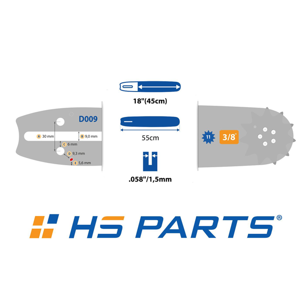 HS PARTS vodiaca lišta 18" (45 cm) 3/8" .058" (1,5 mm) + pílová reťaz na pozdĺžne rezanie 68 článkov guľatý zub pre výrobu fošní a dosiek vhodné Husqvarna 266 268 362 365 371 372XP 395 576XP