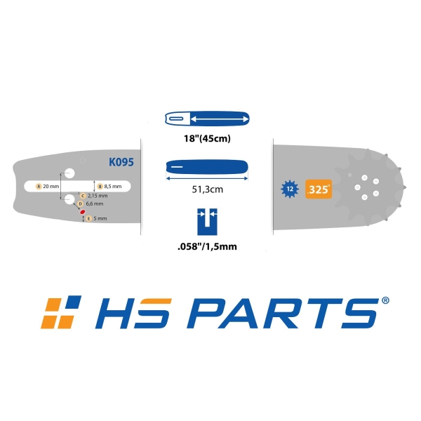 HS PARTS vodiaca lišta 18" (45 cm) .325" .058" (1,5 mm) + 4 x pílový reťaz 72 článkov hranatý zub pre Husqvarna 40 55 242 254 262 339XP 353 357 359 T435 445 455 460 550 560XP