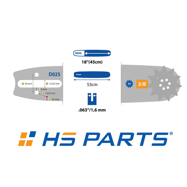 HS PARTS Vodiaca lišta 18" (45cm) 3/8" .063" (1,6mm) + 2 x pílová reťaz 66 článkov hranatý zub + reťazovka pre Stihl MS380