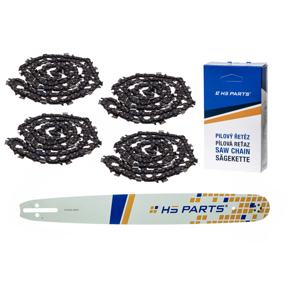 HS PARTS vodiaca lišta 20" (50 cm) .325" .058" (1,5 mm) + 4 x pílový reťaz 76 článkov hranatý zub pre Husqvarna 36 55 136 154 257 262 346 357 435 445 460 Jonsered 2054 2152 CS2149W Dolmar 109 111 112 116 Solo 639 651 665