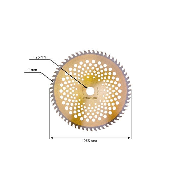 Karbidový nôž 60 zubý rozmer 255 mm x 25,4 mm pre krovinorezy
