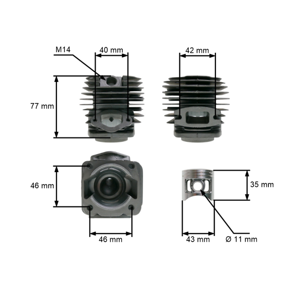 Kompletný valec s piestom 43 mm pre čínske motorové píly a píly z hobbymarketov s objemom motora 45 cm3 - 58 cm3