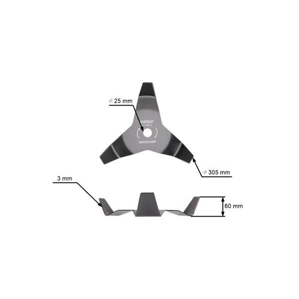 Mulčovací oceľový nôž 3 zubý rozmer 305 mm x 25,4 mm x 3,0 mm pre krovinorezy a motorové vyžínače