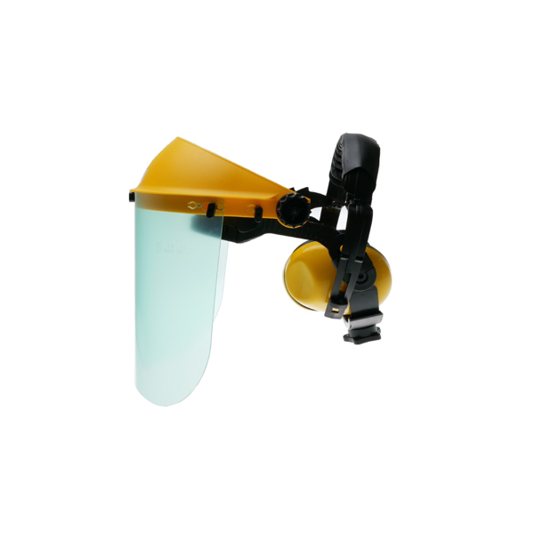 Ochranný polykarbonátový tvárový kryt s chráničmi sluchu pre motorové píly krovinorezy a ďalšiu záhradnú techniku