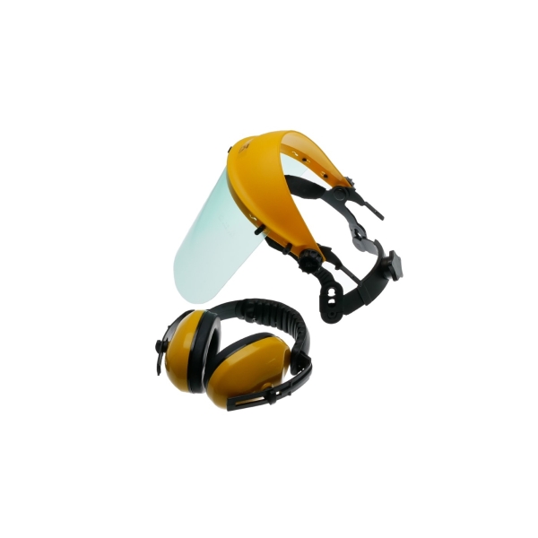 Ochranný polykarbonátový tvárový kryt s chráničmi sluchu pre motorové píly krovinorezy a ďalšiu záhradnú techniku