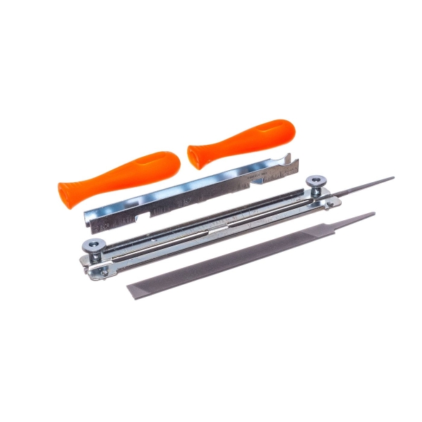 Set na brúsenie pílových reťazí obsahuje okrúhly pilník priemer 4,8 mm + plochý pilník + 2 rukoväte + obmedzovač pätiek so šablónou na uhly