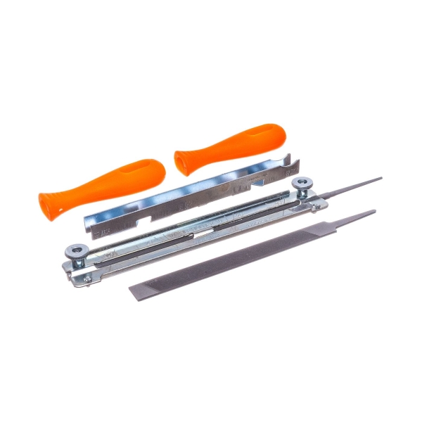 Set na brúsenie pílových reťazí obsahuje okrúhly pilník priemer 5,5 mm + plochý pilník + 2 rukoväte + obmedzovač pätiek so šablónou na uhly