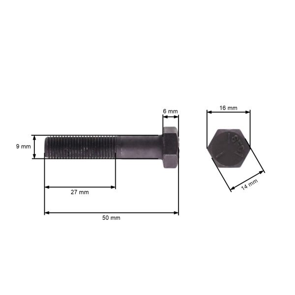 Skrutka žacieho noža jemný závit UNF 3/8" x 1-3/4" pre motorové kosačky a záhradné traktory celková dĺžka 50 mm priemer 9,40 mm