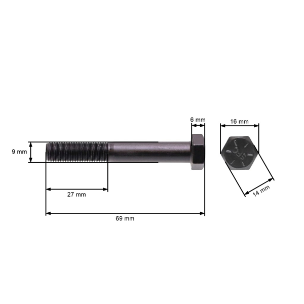 Skrutka žacieho noža jemný závit UNF 3/8" x 2-1/2" pre kosačky na trávu a záhradné traktory celková dĺžka 69 mm priemer 9,40 mm