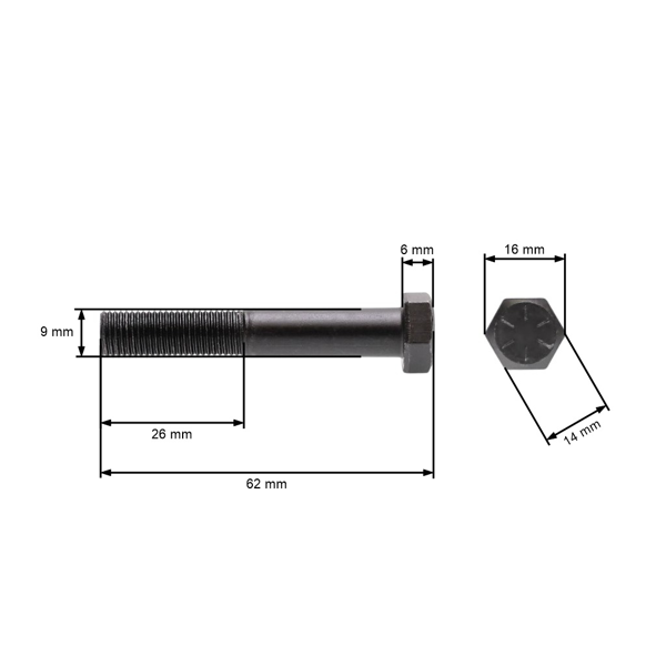 Skrutka žacieho noža jemný závit UNF 3/8" x 2-1/4" pre motorové kosačky a záhradné traktory celková dĺžka 62 mm priemer 9,40 mm