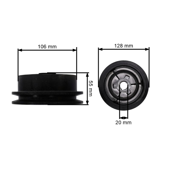 Spojka pre motorové kultivátory priemer 128 mm x priemer otvoru 20 mm na 1 klinový remeň 13 mm
