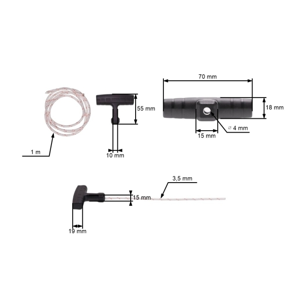 Štartovacia rukoväť so štartovacím lankom 3,5 mm x 1,0 m pre motorové píly fúkače krovinorezy Husqvarna Jonsered McCulloch Partner (OEM 503543901)